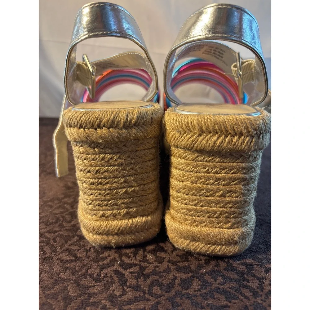 Kenneth Cole New‎ York Metallic Multi-Color Espadrille Wedge Sandals Silver 8.5M